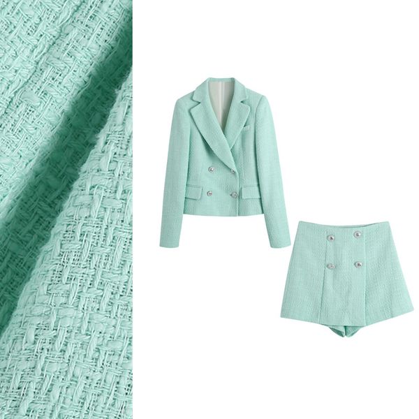 Design moda donna verde menta colore tweed lana cappotto doppio petto e pantaloncini 2 pezzi pantaloni twinset plus size XSSML