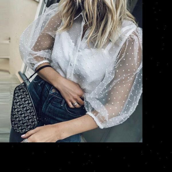 

see through women mesh sheer blouse shirts transparent lace puff sleeve woman summer casual blouses female cover up, White