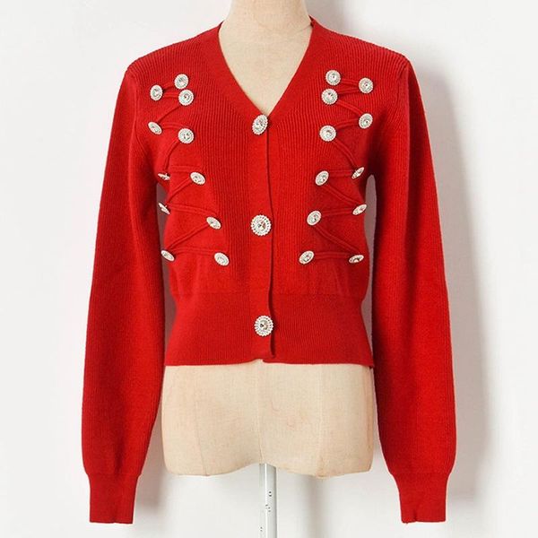 

2021 diamonds buttons decoration v-neck women cardigan short long sleeve sweater fashion, White