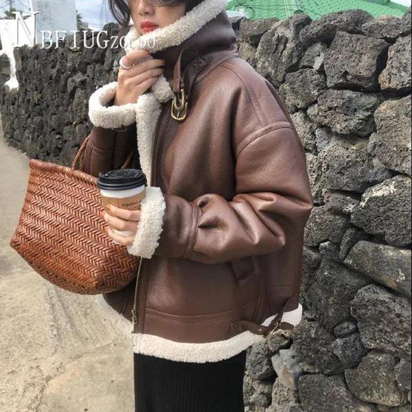 

women's leather & faux female winter punk jackets lapel pu coat lining with fluff streetwear coats, Black