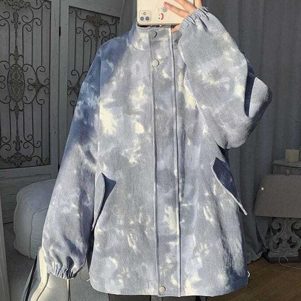 

women's jackets tie dye jacket 2021 trend spring autumn korean oversize cargo all-match baseball uniform tooling style punk wear, Black;brown