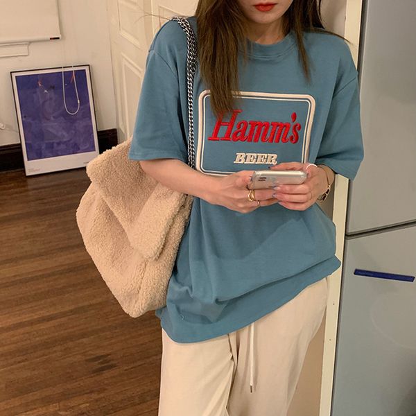 

2021 new 3 colors spring autumn women loose korean style letter embroidery short sleeve t-shirts womens tee shirt femme (f4240) p7ys, White