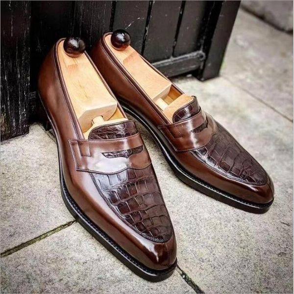 

dress shoes fashion retro pointed leather men's commercial crocodile oversized foot casual, Black