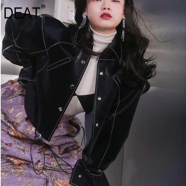 

women's jackets [deat] solid black short pu jacket for women lapel collar single breasted patchwork coat fashion tide 2021 spring gx141, Black;brown