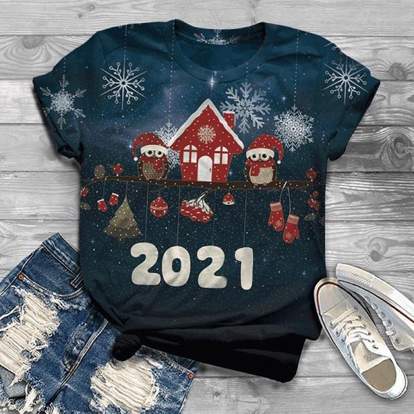 

women's t-shirt 40# 2021 happy year t shirt harajuku aesthetic plus size women short sleeve 3d christmas printed o-neck tee, White