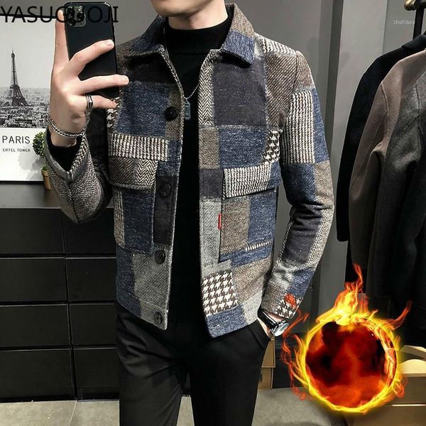 

men's jackets yasuguoji streetwear woolen jacket men 2021 spring retro vintage casual plaid coat male fashion fleece checked coats and, Black;brown