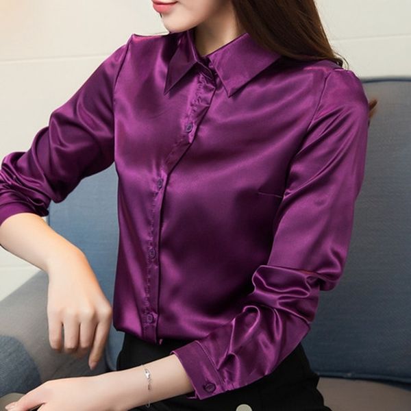 

stinlicher satin silk shirt women autumn long sleeve elegant work wear korean fashion purple green blue blouse shirt 210308, White