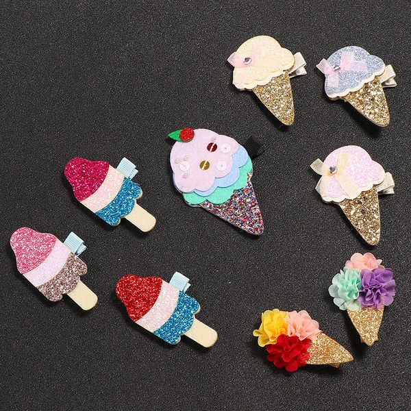 

glitter felt pink icecream child girls hair clip hair accessorie with mini bow hair barrette cute sequin gold silk hairpin arrival 121 y2, Slivery;white