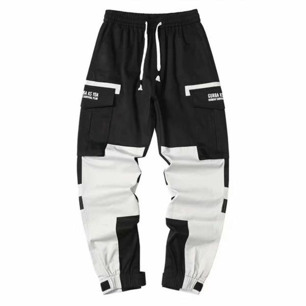 

men's pants sweatpants joggers cargo pockets straight loose casual sports cropped trousers workwear, Black