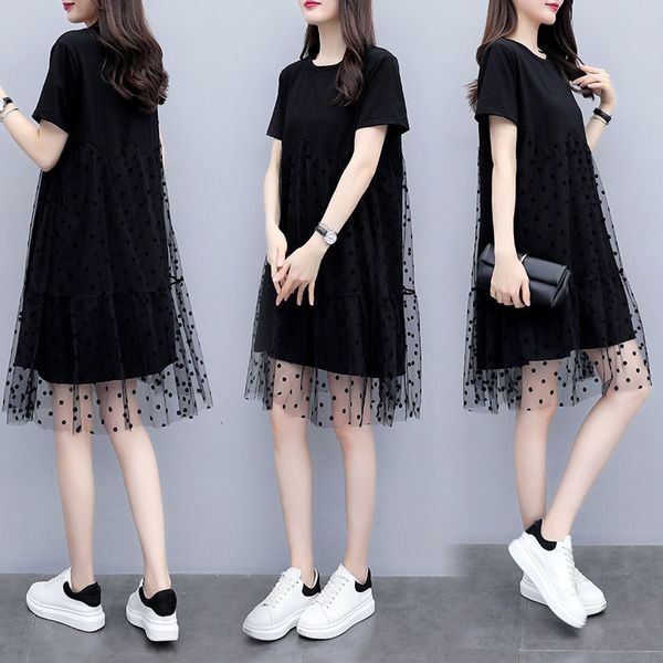 

tshirt dressed 2021 summer casual black women short sleeve amendment vintage polka dot a-line dress plus size 5xl y129 gles, Black;gray