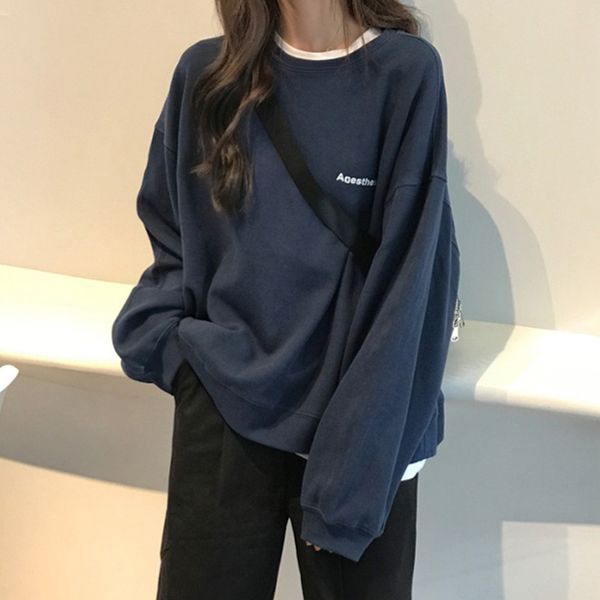 

official figure 2021 autumn new simple letter loose and thin sweater women's fashion versatile top, Black