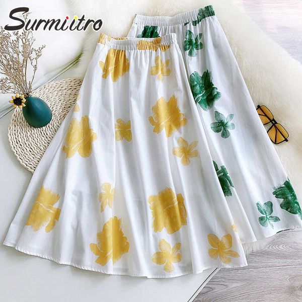 

surmiitro cotton midi long skirt women summer korean style floral print elegant high waist mid-length skirt female 210712, Black