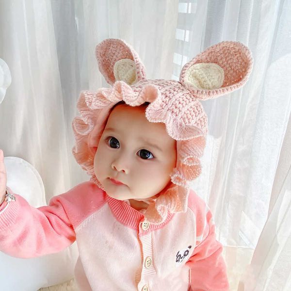 Criança bebé chapéu de malha feijões de feijão ruffles orelhas de coelho lace up chapéu outono inverno quente crianças chapéus e bonés acessórios 210713