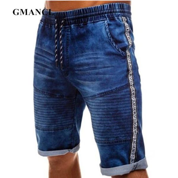 

summer men bermuda pleated stitching cargo comfortable stretch denim shorts male elastic waist drawstring blue biker short jeans, White;black
