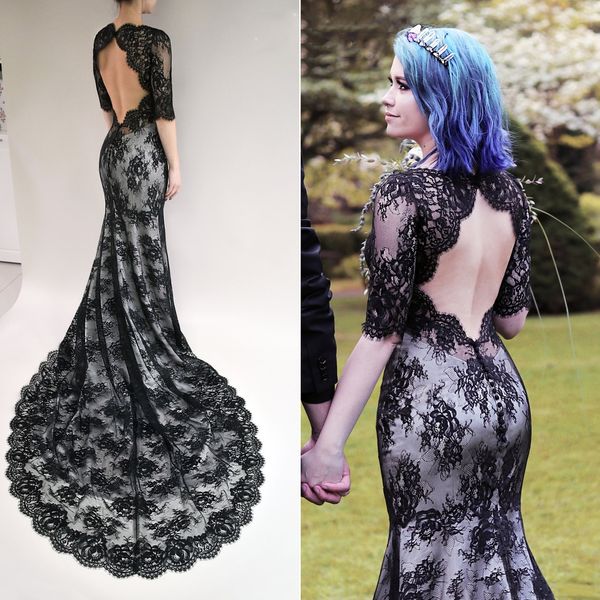 

gothic black mermaid lace wedding dress open back half sleeves court train bridal gowns vintage boho beach bride dresses, White