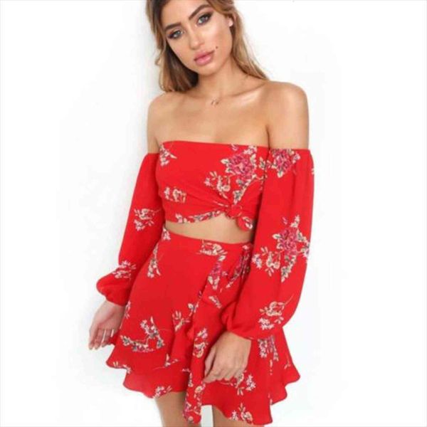 

fashion print 2pcs sets women tracksuits off shoulder long sleeve crop ruffled bandage mini skirts summer boho clothing for, Gray