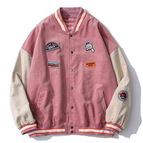 

men's jackets lacible casual bear badge printed corduroy coat men streetwear harajuku patchwork baseball varsity 4xd9, Black;brown