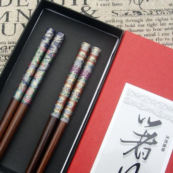 

2 pairs with gift box chinese natural wooden chopsticks handmade print couple wedding chopsticks set household kitchen tableware