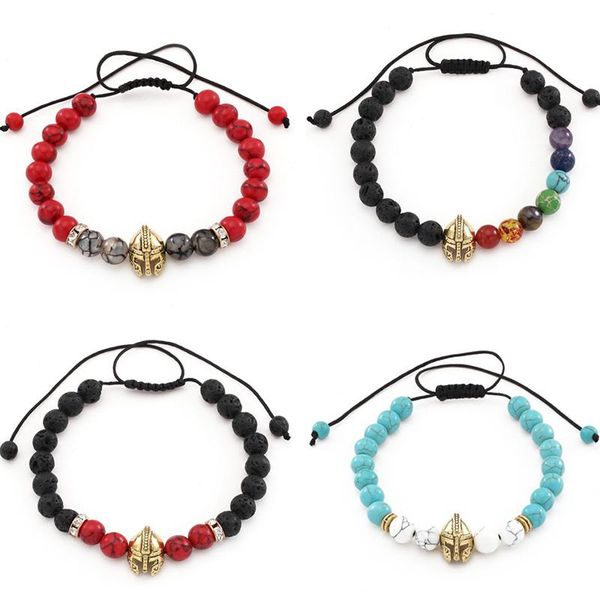 

charm bracelets rintoler drop roman knight spartan helmet bracelet men women braiding lava stone bead mala yoga bangle, Golden;silver