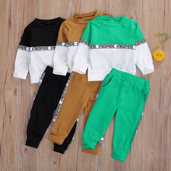 

1-4years baby boys long-sleeved suit stitching round neck t-shirt and solid color elastic long pants, White