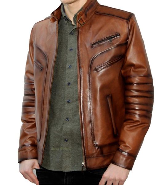 

cloud leather brown men's zipper leather coat, Black;white