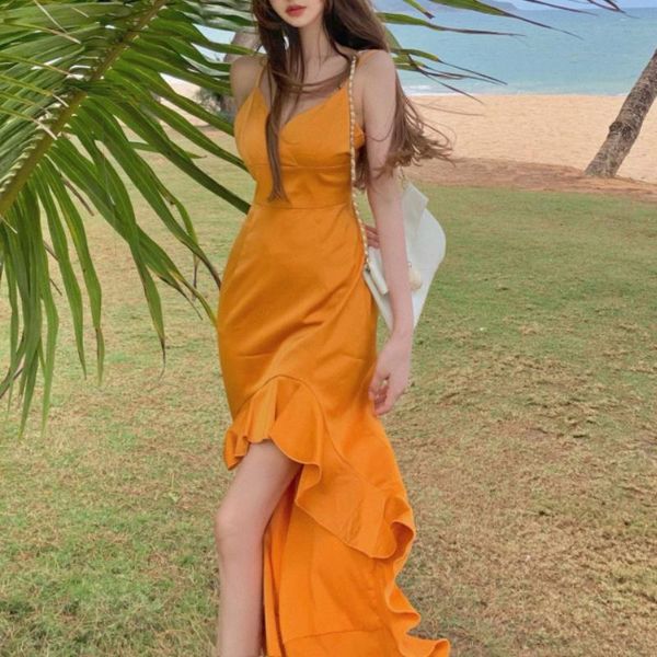 

casual dresses french vintage midi females sleeveless beach sundresses for women solid design 2021 summer clothes korean ladies chic, Black;gray