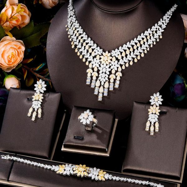 

earrings & necklace godki super luxury bicolor crown design women wedding naija bridal cubic zirconia dubai dress jewelry set, Silver