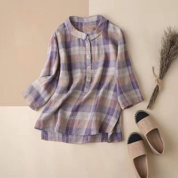 

women's blouses & shirts cotton linen plaid women summer vintage 2021 turn-down collar half sleeved loose female outwear blouse, White
