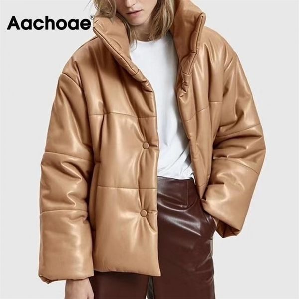 

women pu leather parkas fashion high street solid faxu leather coats elegant winter thick cotton jackets loose outerwear 210916, Black