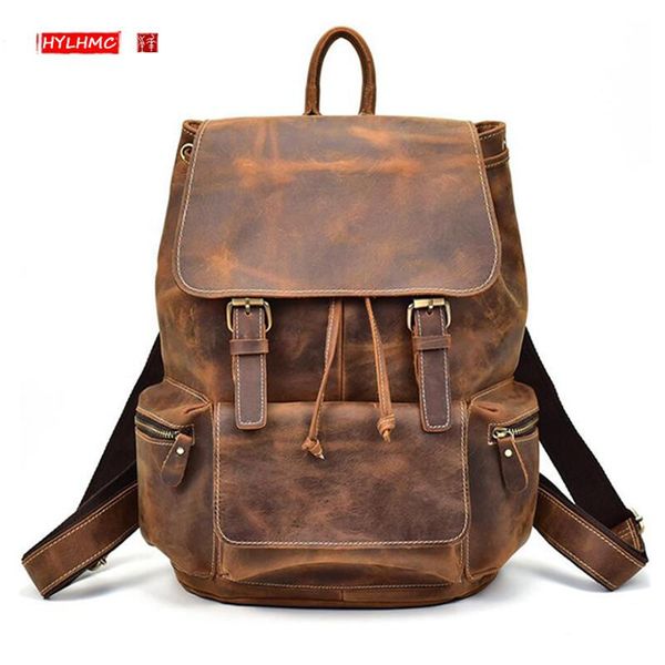 

backpack genuine leather men shoulder bag male cowhide fashion travel bags wild backpacks large capacity retro laptop