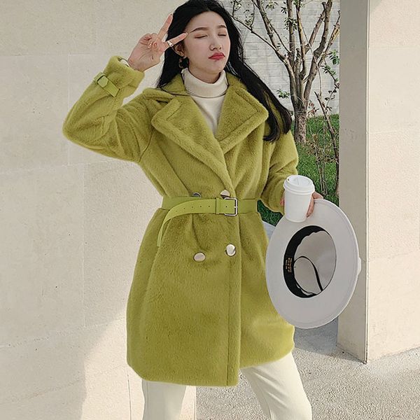 

women's wool & blends blends women winter fashion medium long faux coat elegant thick warm outerwear double breasted fake mink fur jack, Black