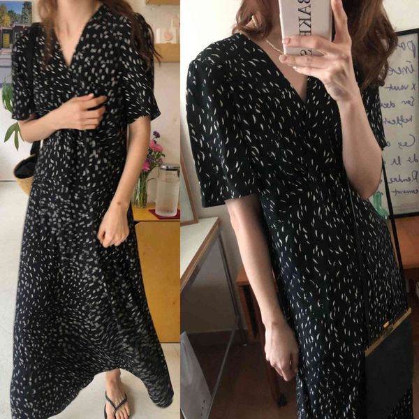 

casual dresses women summer vintage v neck long chiffon dress high waist print pullover maxi kcx1, Black;gray