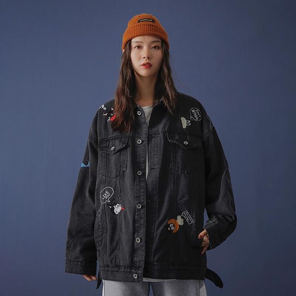 

women's jackets nic vintage long sleeve print pattern loose large size black denim jacket leisure fashion coat 2021 autumn, Black;brown