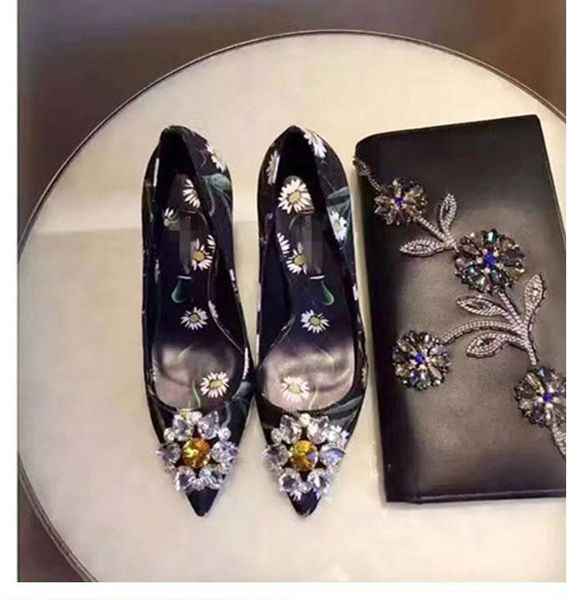 

blingbling diamonds flower print leather high heel shoes woman pointed toe flower colorful diamonds wedding shoes woman crystal, Black