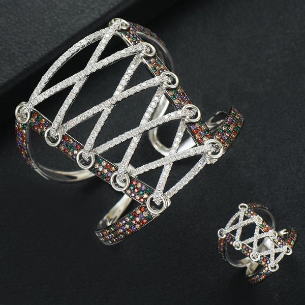 

earrings & necklace blachette jewelry luxury women bridal wedding ladies wide shoelace bangle ring set 2pcs full micro cubic zirconia noble, Silver