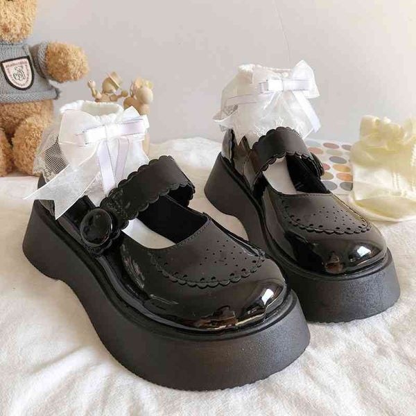 

slippers fashion hollow out chunky mary janes women round toe strap wedge platform pumps woman retro patent leather femme shoes ps, Black