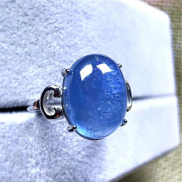 

cluster rings genuine natural ocean blue aquamarine ring for woman man clear crystal 14x11mm beads stone silver adjustable jewelry, Golden;silver