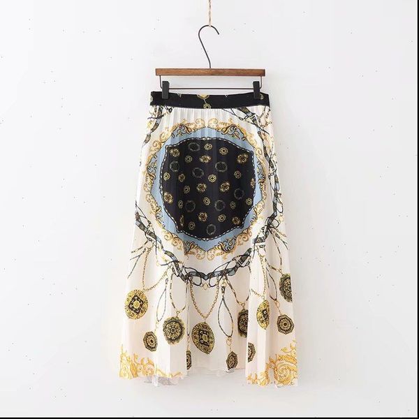 

faldas mujer ladies side zipper casual chic patchwork brand skirts new women vintage chain totem print pleated midi skirt, Black