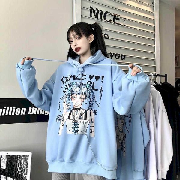 

cool girl hoodies women's autumn winter korean harajuku chain versatile loose pullover hooded fashion streetwear 210526, Black