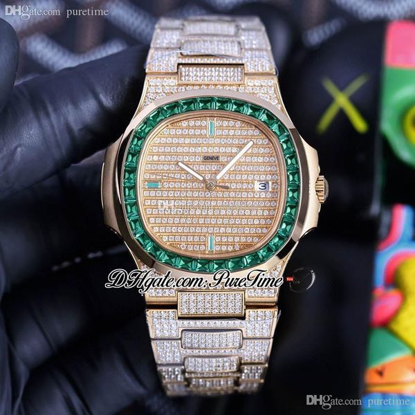 TWF 5719 PP324 A324 Automatik-Herrenuhr Gelbgold Grüner Edelsteinstab Vollständig vereist Gepflasterter Diamant Edelstahlarmband Super Edition Schmuckuhren Puretime C3