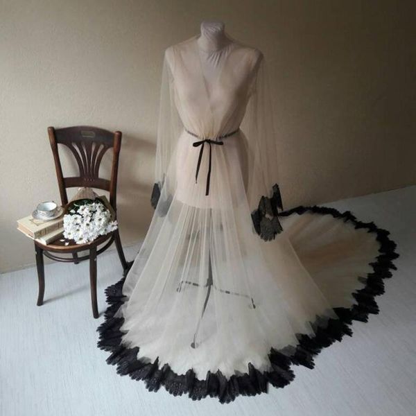 

casual dresses 2021 birdal lace tulle robes long sleeve sheer see through women dressing gown for po shoot dress, Black;gray