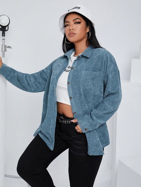 

plus patch pocket button placket cord blouse x2c4#, Black