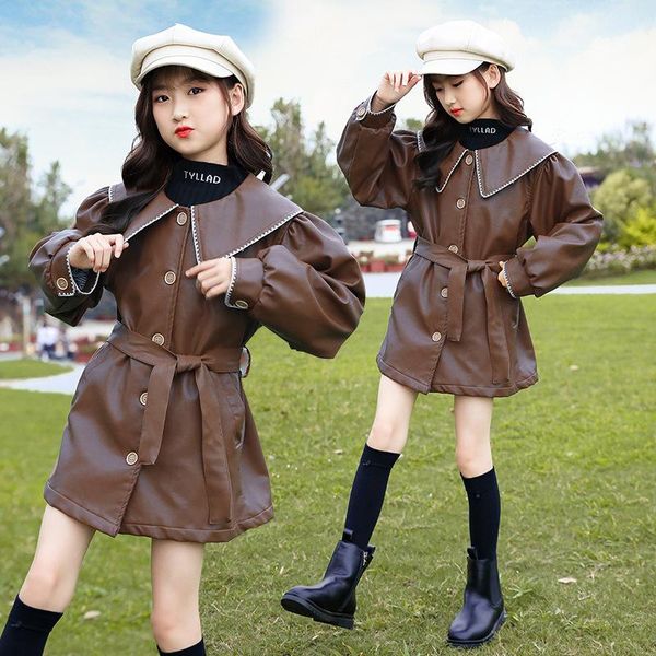 

coat girls pu jackets girl kids classic collar coats teens windbreaker clothing children outerwear brown 6 8 10 12 13 y, Blue;gray