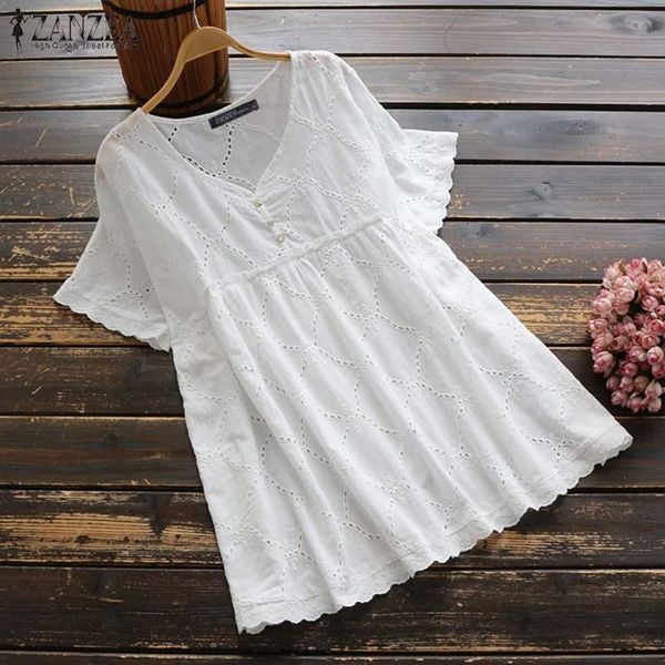 

2021 zanzea women shirts blouses casual short sleeve summer embroidery hollow out tunic cotton blusas plus size, White