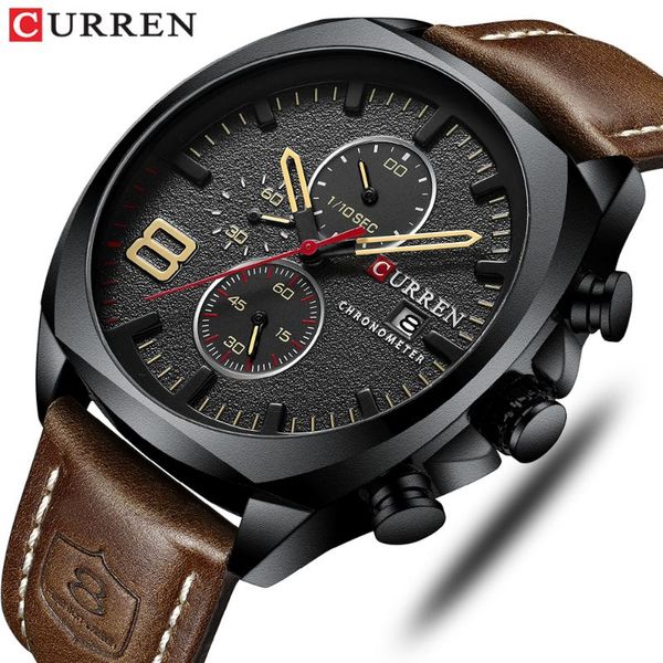 

wristwatches men chronograph watch 2021 curren genuine leather for male quartz clock sport wrist waterproof, Slivery;brown