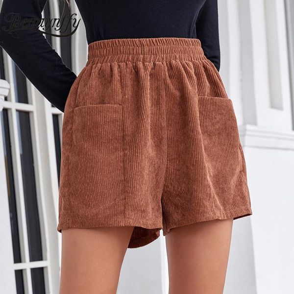 

women's shorts benuynffy solid pocket front corduroy women spring and autumn loose casual high elastic waist wide leg 2021, White;black