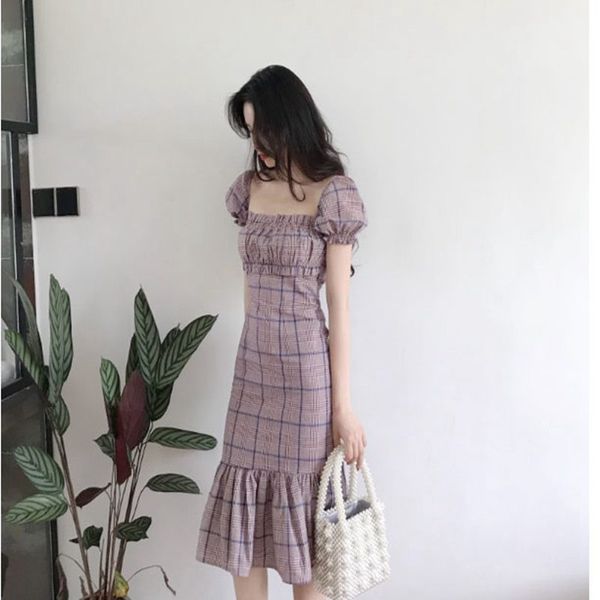 

2021 women retro plaid holiday dress vintage lady square collar elegant puff sleeves dress female sweet trumpet vestido, Black;gray