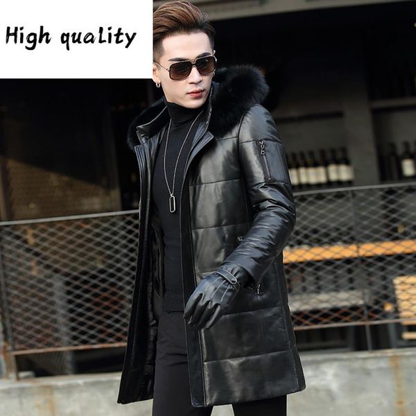 

men's leather & faux sheepskin coat genuine winter duck down jacket men fur collar hooded long, Black