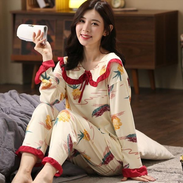 

wholesale pajamas sets autumn style womens sleepwears thin print generation long suit home female pyjamas set, Black;red