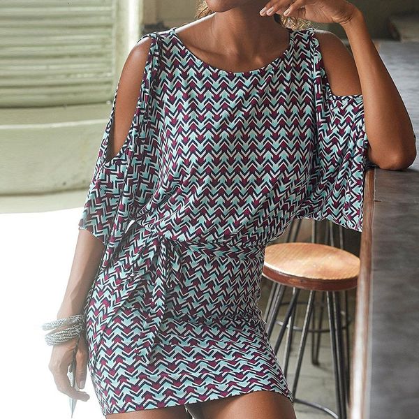 

2021 new casual women print sheath summer o-neck sashes batwing hollow out sleeve beach es female bodycon mini ky65, Black;gray